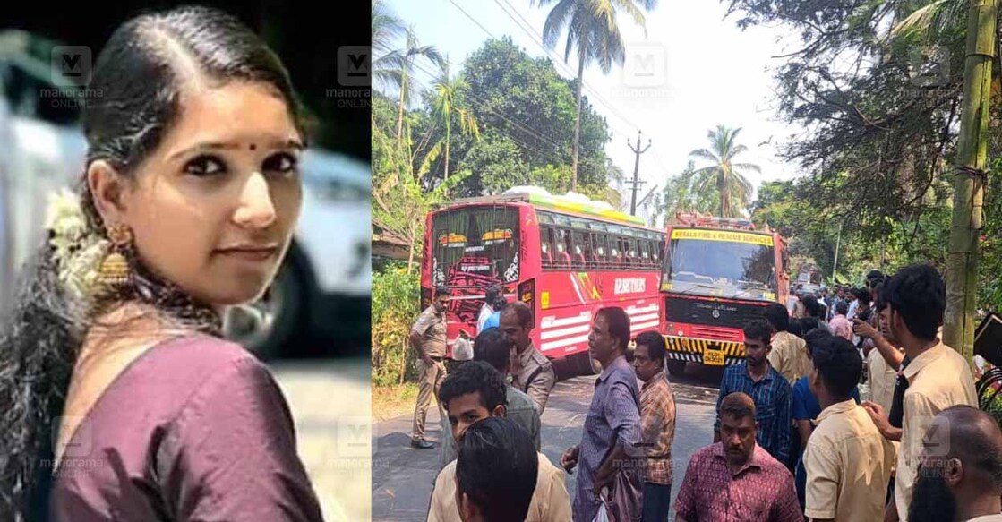 Simi Varsha and the spot of the accident. Photo: Manorama Online 