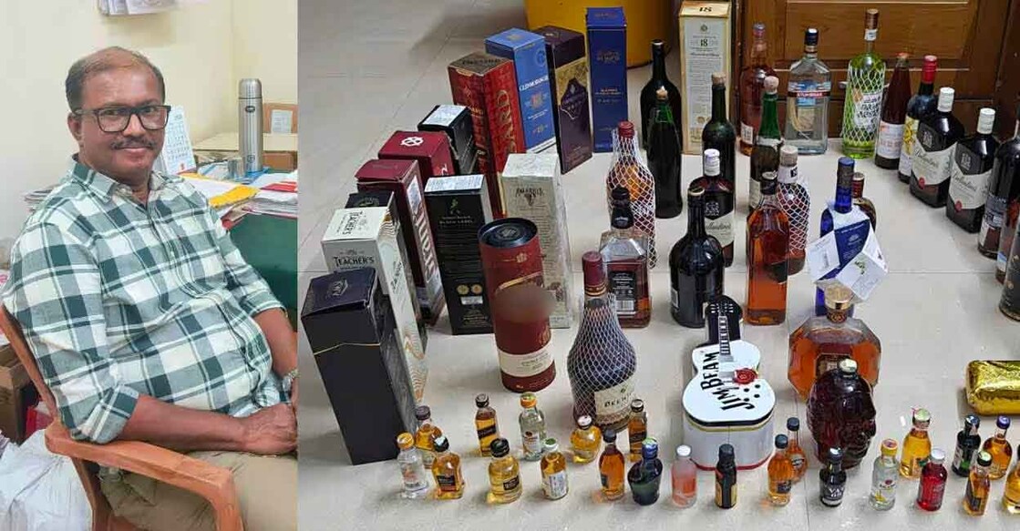 Jerson, liquor bottles seized by Vigilance. Photo: Manorama