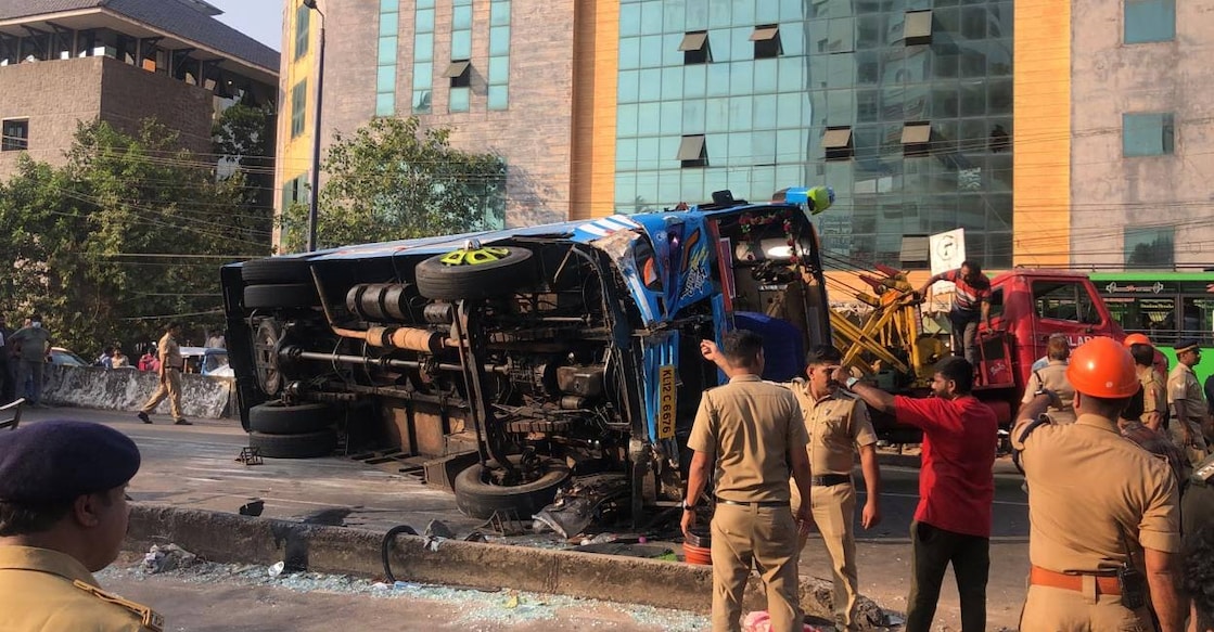 The accident occurred on Tuesday evening at the Arayidathupalam flyover when the bus, Liya Mol (KL 12 C 6676), plying on the medical college route, overturned after colliding with a two-wheeler. Photo: Special arrangement. 