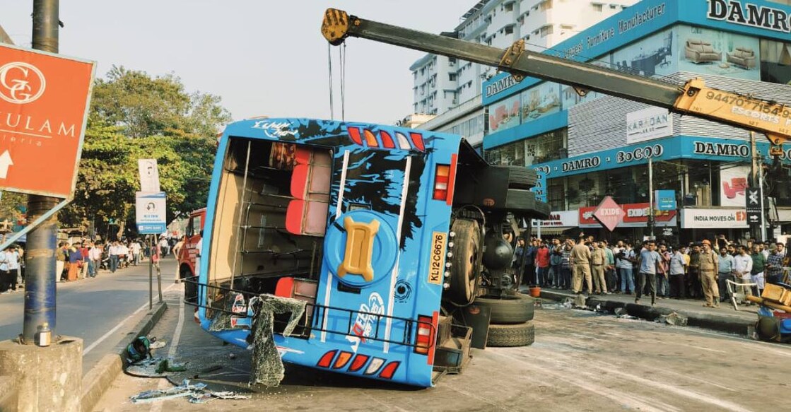 The bus rammed into the bike and overturned on Tuesday evening. Photo: special arrangement