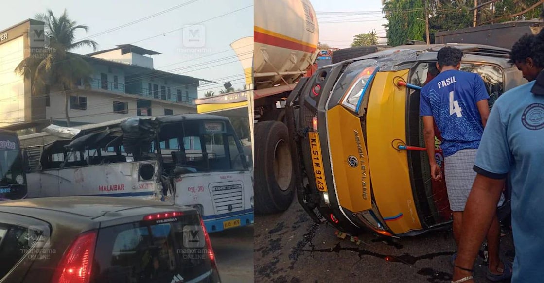 The road mishap occurred on Saturday evening when the KSRTC bus, en route to Palakkad from Kozhikode, collided with a lorry carrying cattle to Malappuram. Photo: Manorama