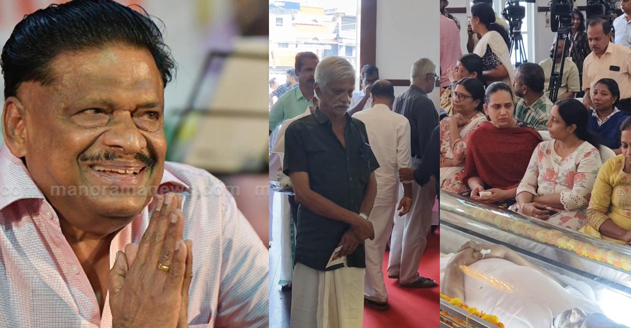 The lyricist's body was kept for public viewing at Town Hall in Ernakulam, following which it was taken to his residence at Thykkoodam. Photo: Manorama