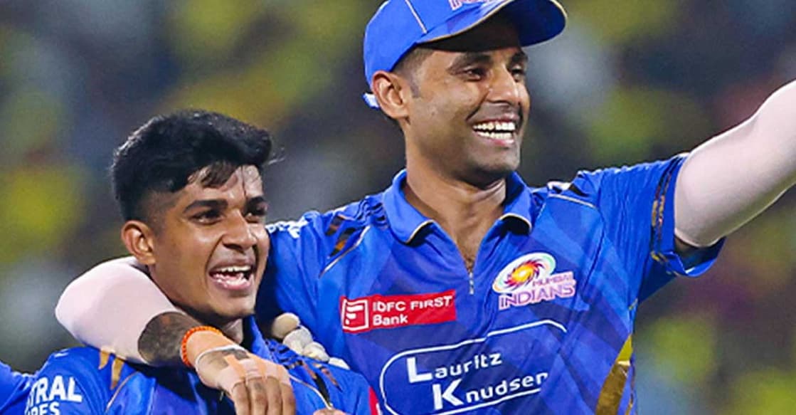 MI captain Surya Kumar Yadav congratulates Vignesh Puthur during the IPL match against CSK in Chennai on March 23, 2025. Photo: X/@mipaltan