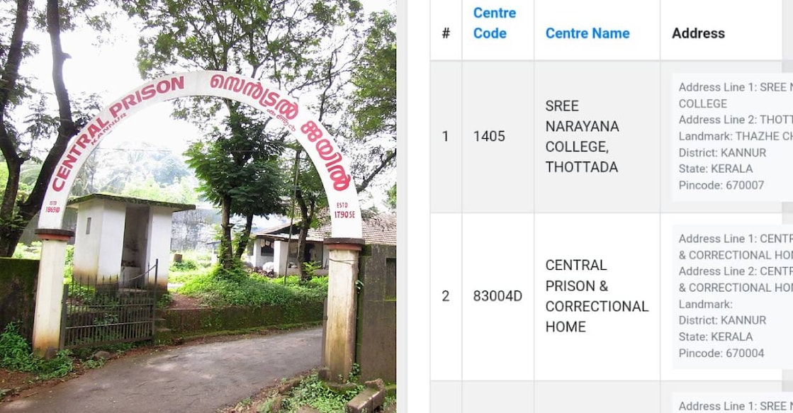 Entrance of Kannur jail (left) and list of IGNOU exam centres (right). Photo: Special arrangement.