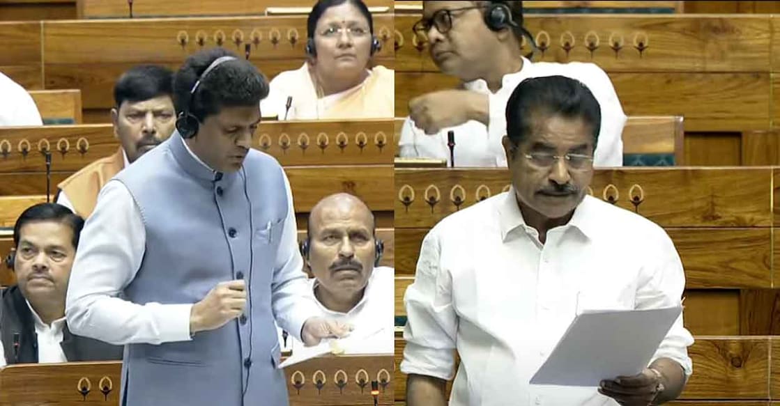 Minister of State for Rural Development Chandra Sekhar Pemmasani, Kerala MP Adoor Prakash. Photo: Sansad TV