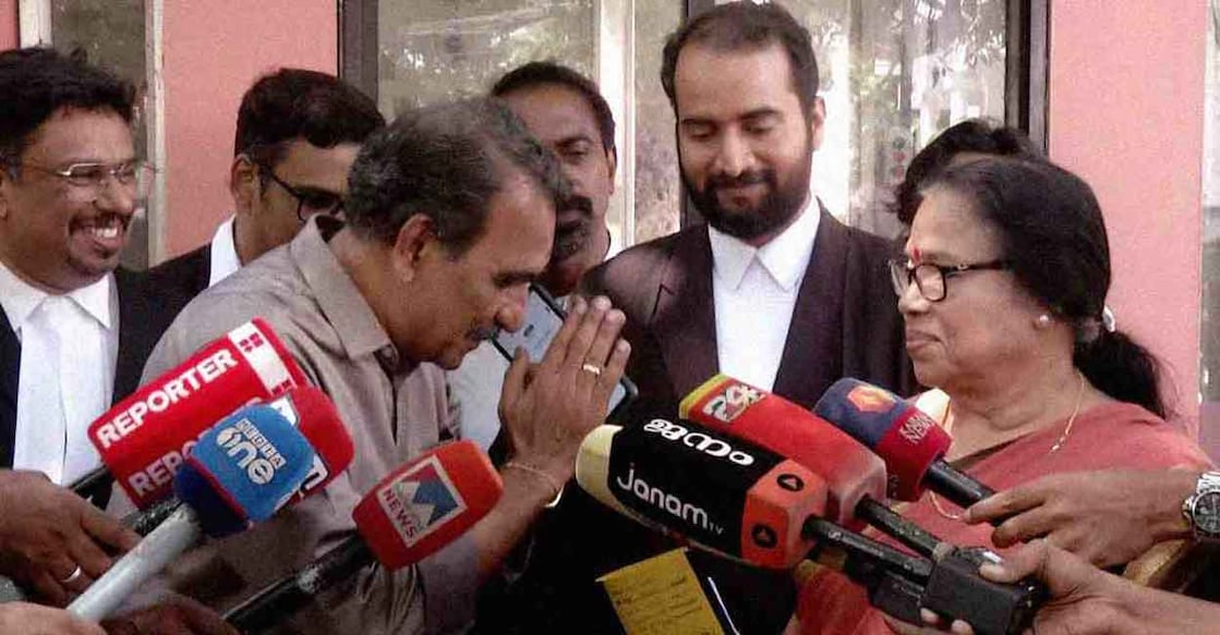 B Gopalakrishnan apologises to PK Sreemathi in front of media. Photo: Manorama News