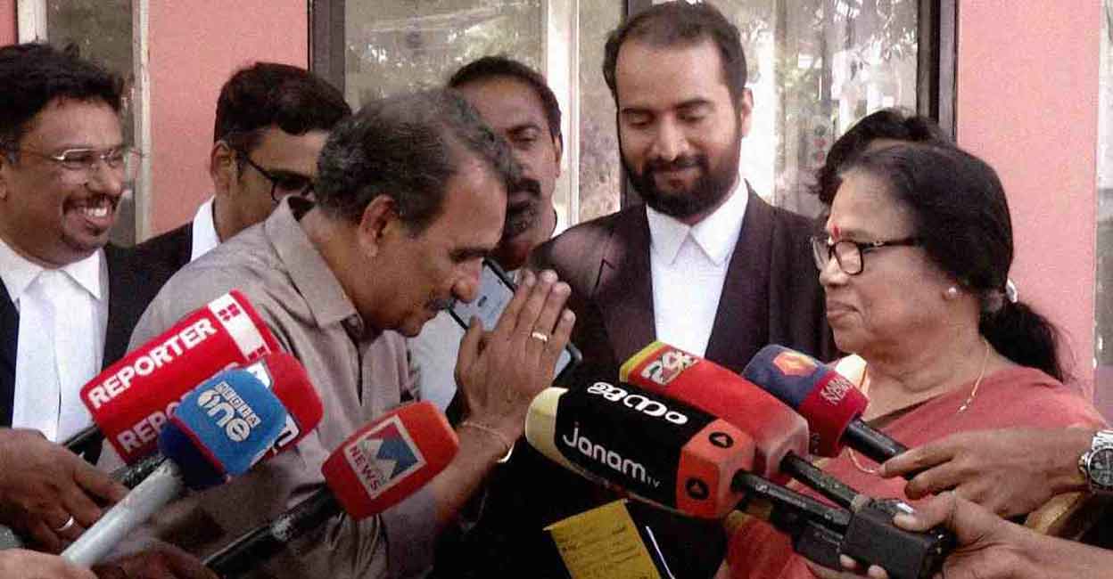B Gopalakrishnan apologises to PK Sreemathi in front of media. Photo: Manorama News