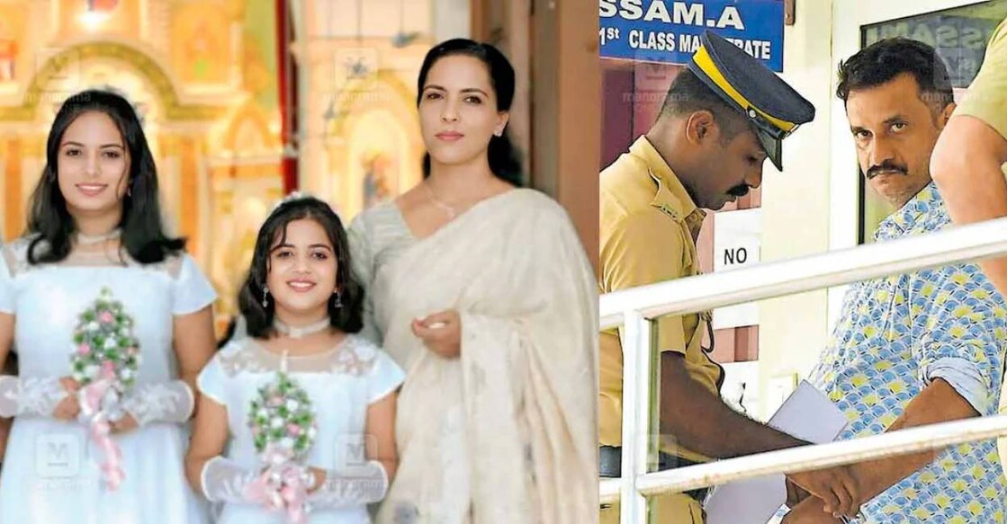 Shiny with daughters (left) and Noby in police custody (right). Photo: Manorama