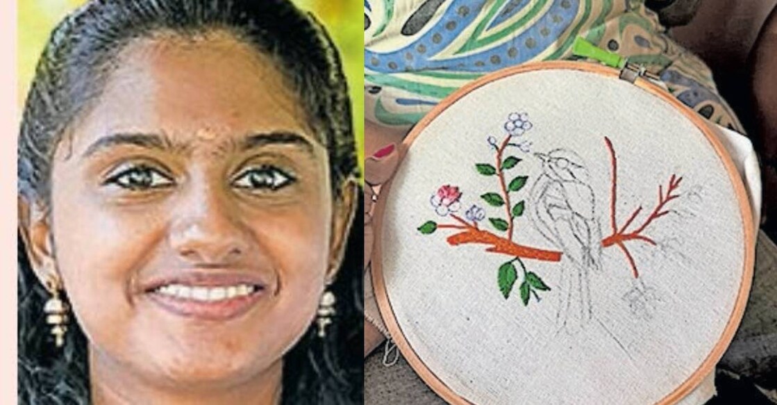 Megha and her unfinished embroidery work. Photo: Manorama