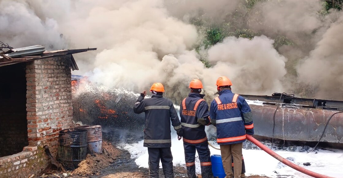 Fire force units tackling the fire that broke out in the yard of KMC Construction Company in Chalakudy on Thursday. Photo: Special Arrangement