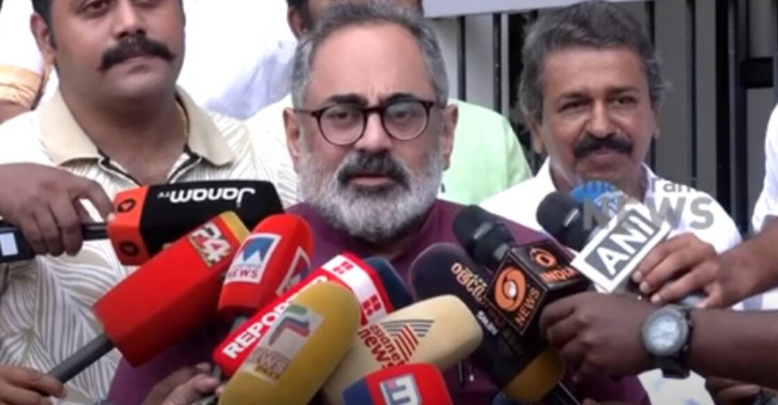 Rajeev Chandrasekhar addressed media in Thiruvananthapuram. Photo: Manorama News