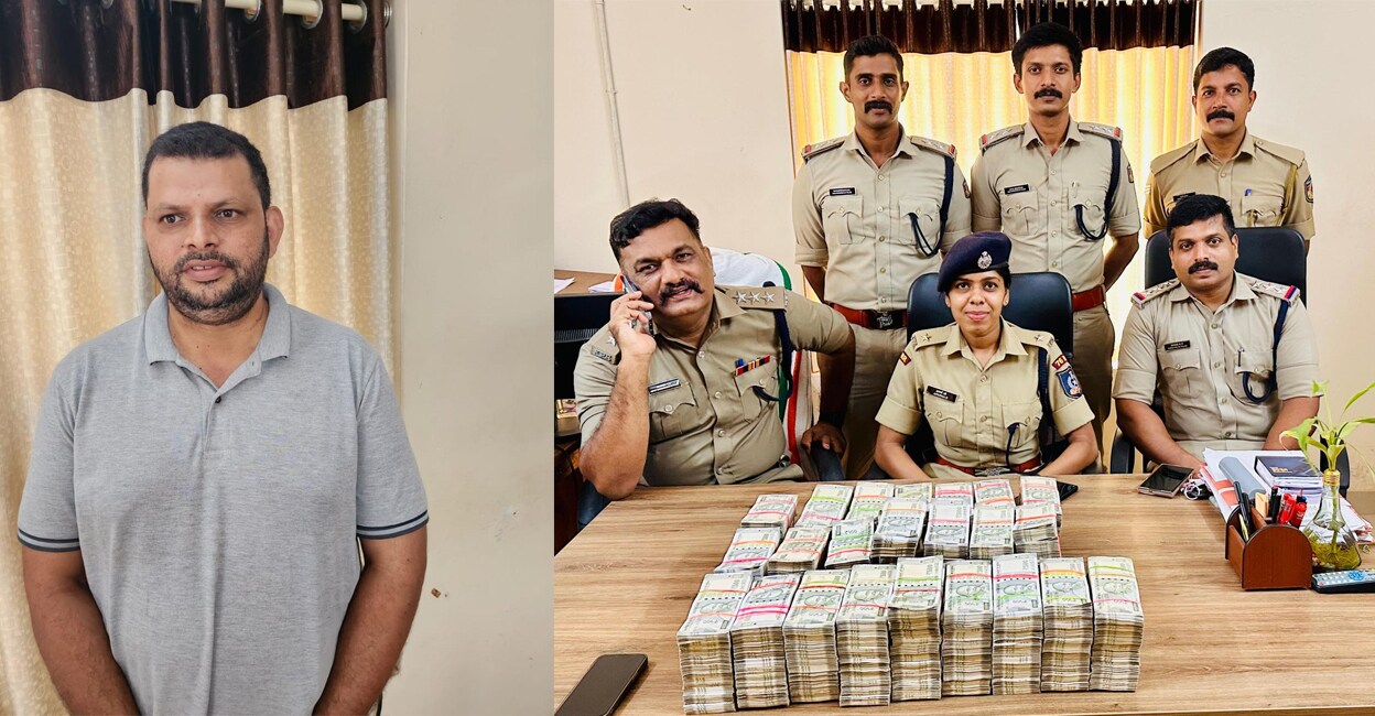 Abdul Khader (Left) and Police officers (Right) with the seized cash. Photo: Special arrangement