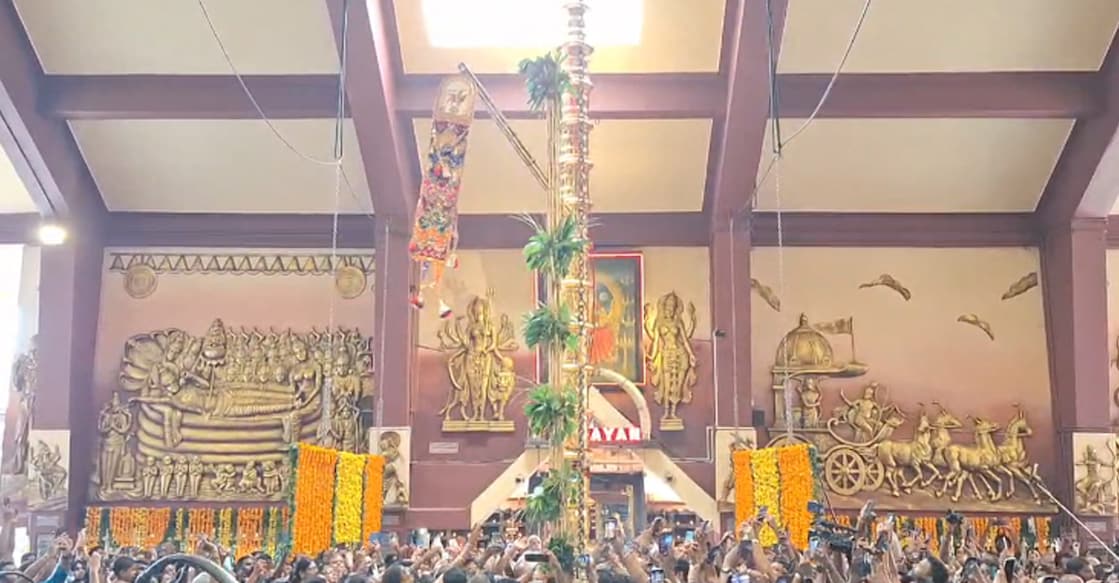 thrissur pooram With cheers and jubilation, the flag was first raised at Thiruvambady, officially announcing the arrival of Pooram. Photo: Special Arrangement