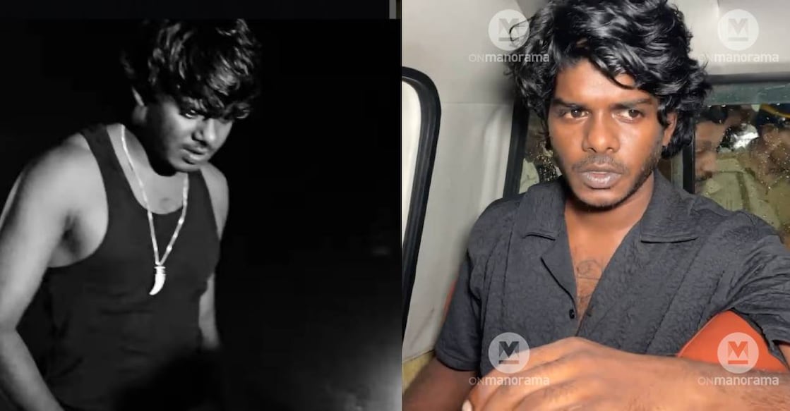 The combination of the pics show Vedan wearing the leopard tooth pendant during a show (left) and sitting at a police jeep. Photo: Instagram, Manorama  