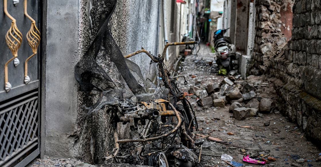 A burnt scooter is seen on the spot where two died on May 7 during Pakistani artillery shelling, in the main town of Poonch district on May 9, 2025. Photo: AFP/Punit PARANJPE