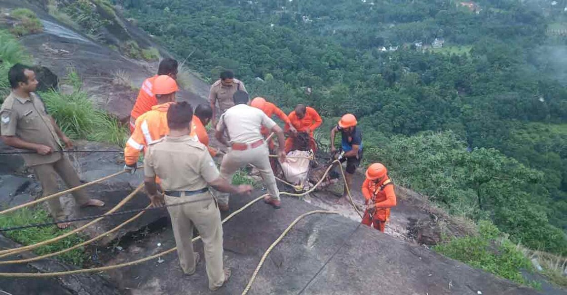 Fire Force rescues 23-year-old youth who fell into a gorge 70-feet down from the Kottappara viewpoint close to Vannappuram . Photo: Special arrangement