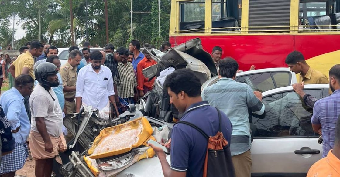 ksrtc-bus-car-accident The car carrying four passengers rammed into the KSRTC bus. Photo: Special Arrangement