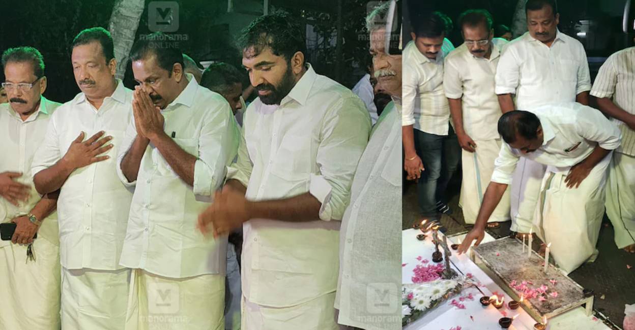 Kovalam MLA Vincent and Puthuppally MLA Chandy Ommen at former Kerala chief Minister Ommen Chandy's tomb. Photo: Manorama