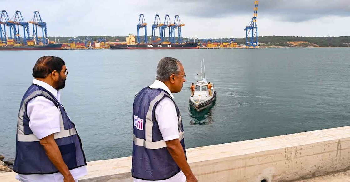 Kerala Chief Minister Pinarayi Vijayan and state Ports Minister VN Vasavan visit the breakwater of Vizhinjam International Seaport Port, in Thiruvananthapuram, Saturday, April 26, 2025. Photo: PTI