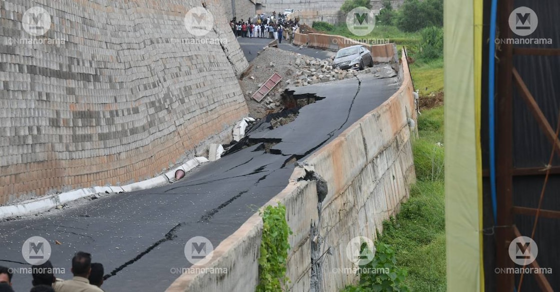 A view of the collapsed NH 66 at Kooriyad in Malappuram. Photo: Manorama