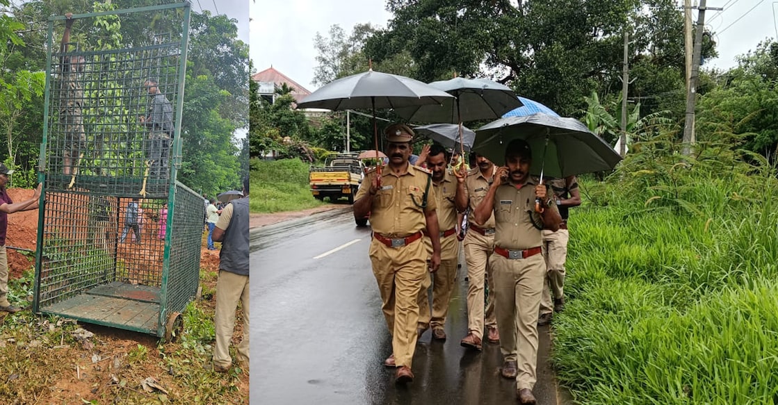 wayanad-leopard-cage-trap The cage trap set by the Forest Department officials in Sulthan Bathery (L) and the officers inspecting the area (R). Photo: Special arrangement