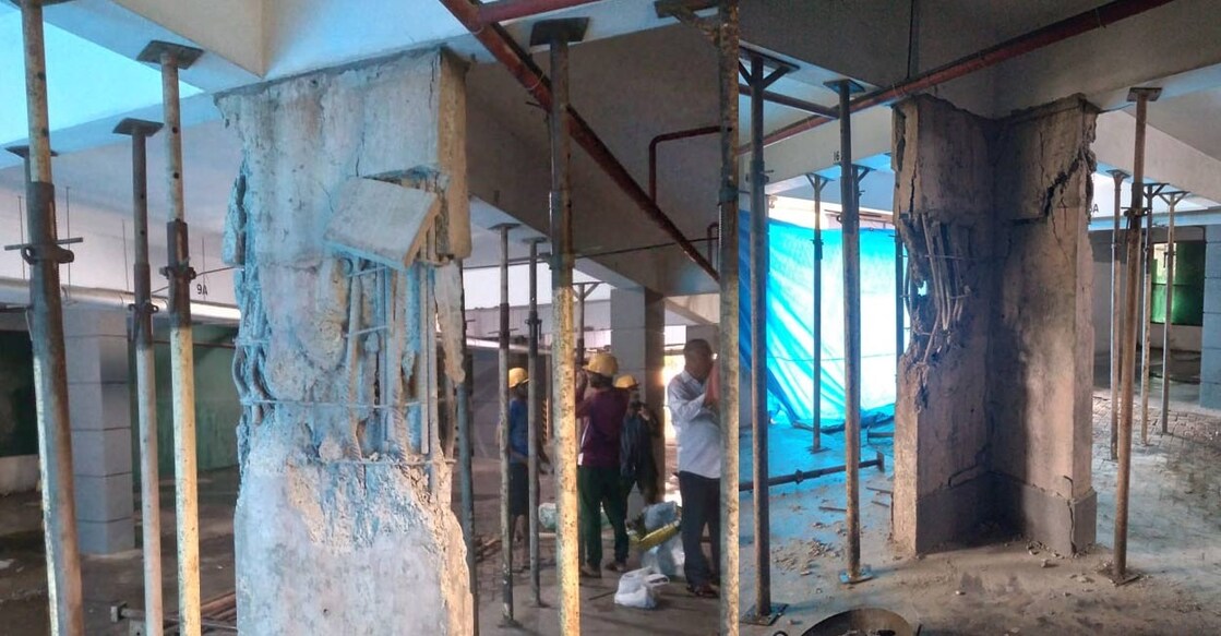 The crumbled concrete pillar at the Kochi apartment complex. Photo: Special Arrangement.