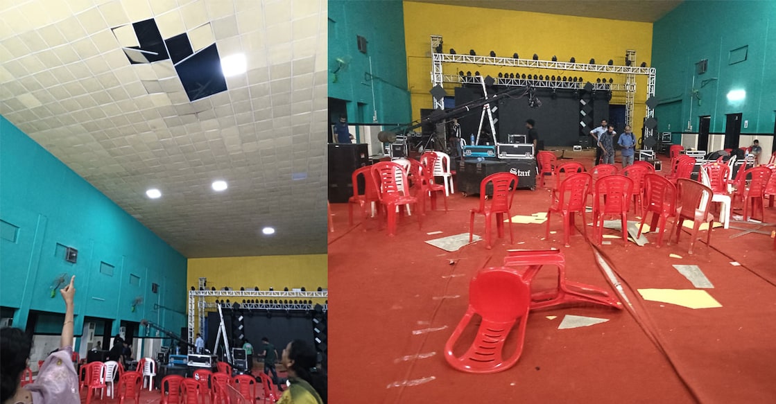 Community hall ceiling at Girinagar near Panampilly Nagar in Kochi fell off during a dance audition. Photo: Special Arrangement