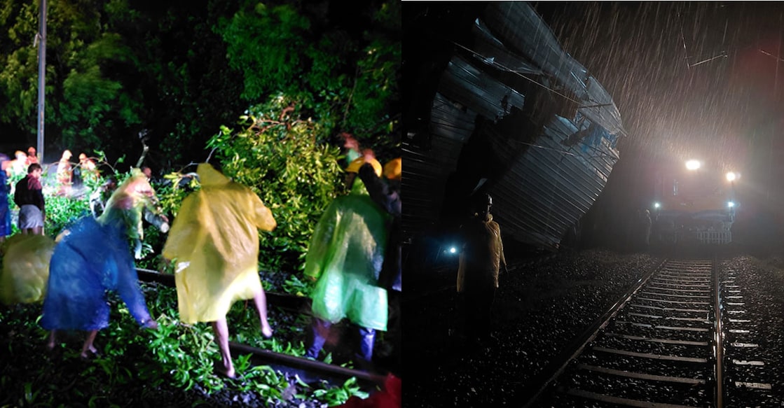 kozhikode-railway-track-trees-sheet Residents and officials removing the tree from the tracks (left), The asbestos sheet on the track (right). Photo: Special Arrangement