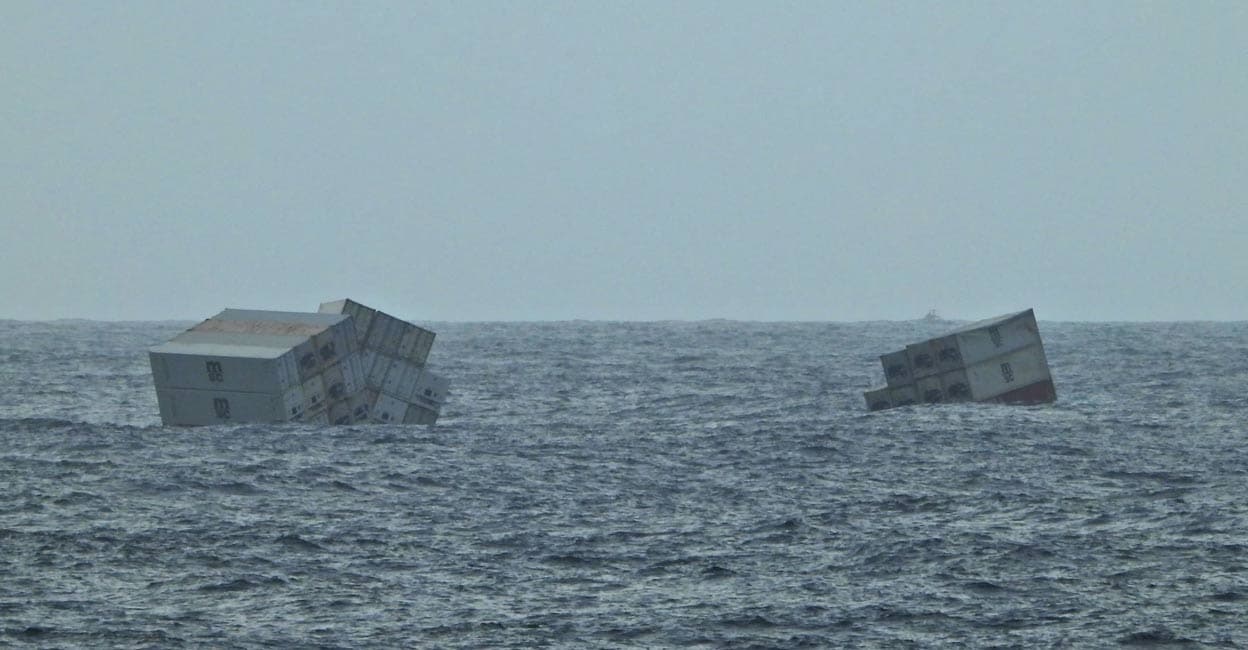 msc-elsa-2 This photograph taken and released on May 25, 2025 by the Indian Defence Public Relations Office (PRO) of Mumbai, shows Liberian-flagged ship's containers after it capsized off India's southern coast of Kerala. Photo: PTI.