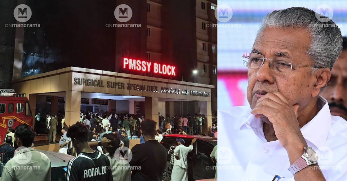 pinarayi-kozhikode-mch-pmssy-block A view of the new block in Kozhikode MCH where fire erupted (left) and Chief Minister Pinarayi Vijayan (right). Photo: Manorama