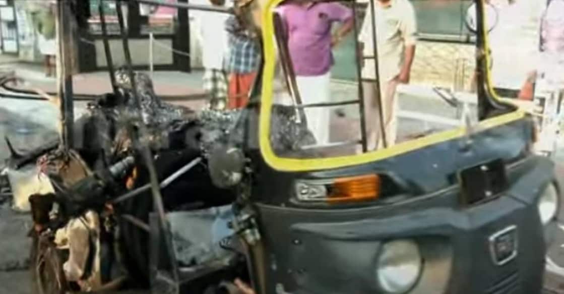 Visuals aired by Manorama News showed the autorickshaw completely gutted in the fire.