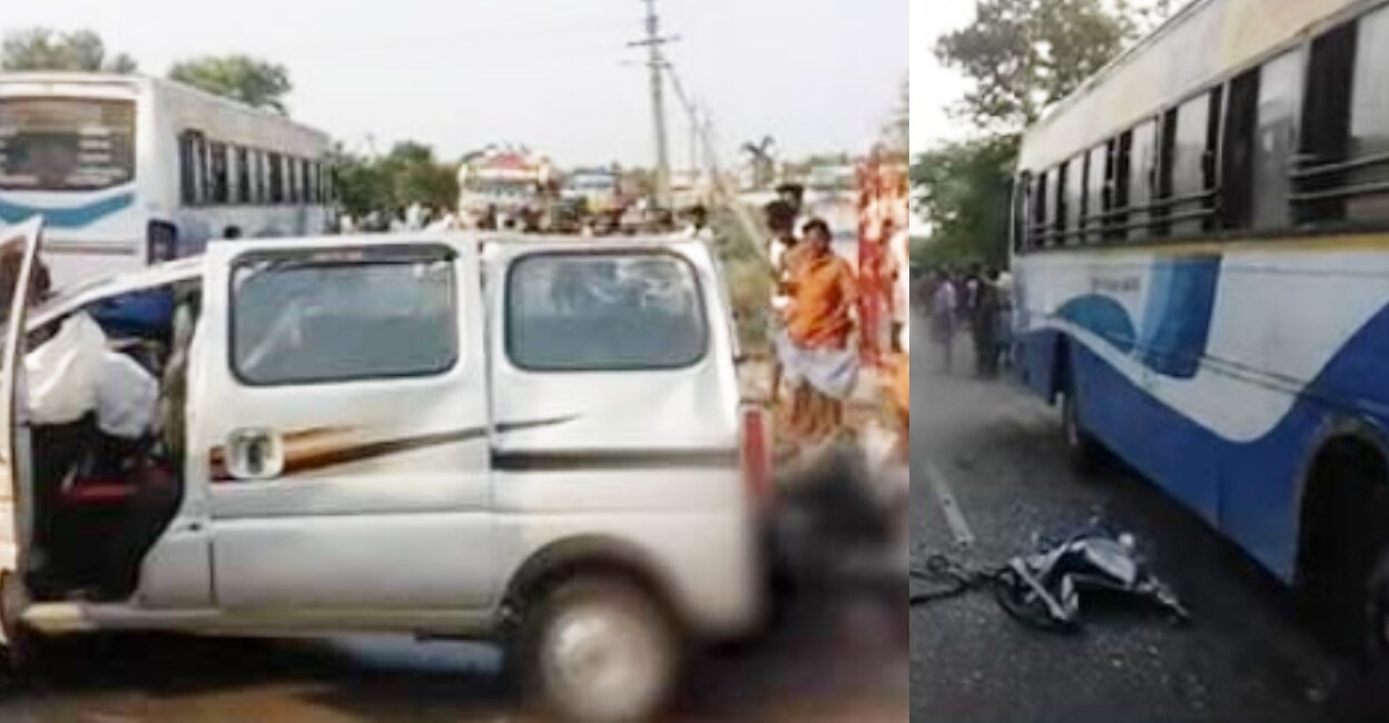 A van from Thiruvananthapuram carrying seven collided with the bus in Tamil Nadu. Photo: Screengrab/ Manorama News