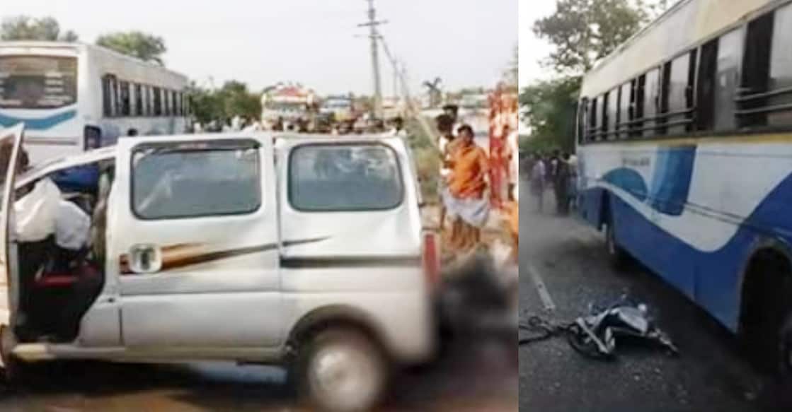 tn-bus-van-collision A van from Thiruvananthapuram carrying seven collided with the bus in Tamil Nadu. Photo: Screengrab/ Manorama News