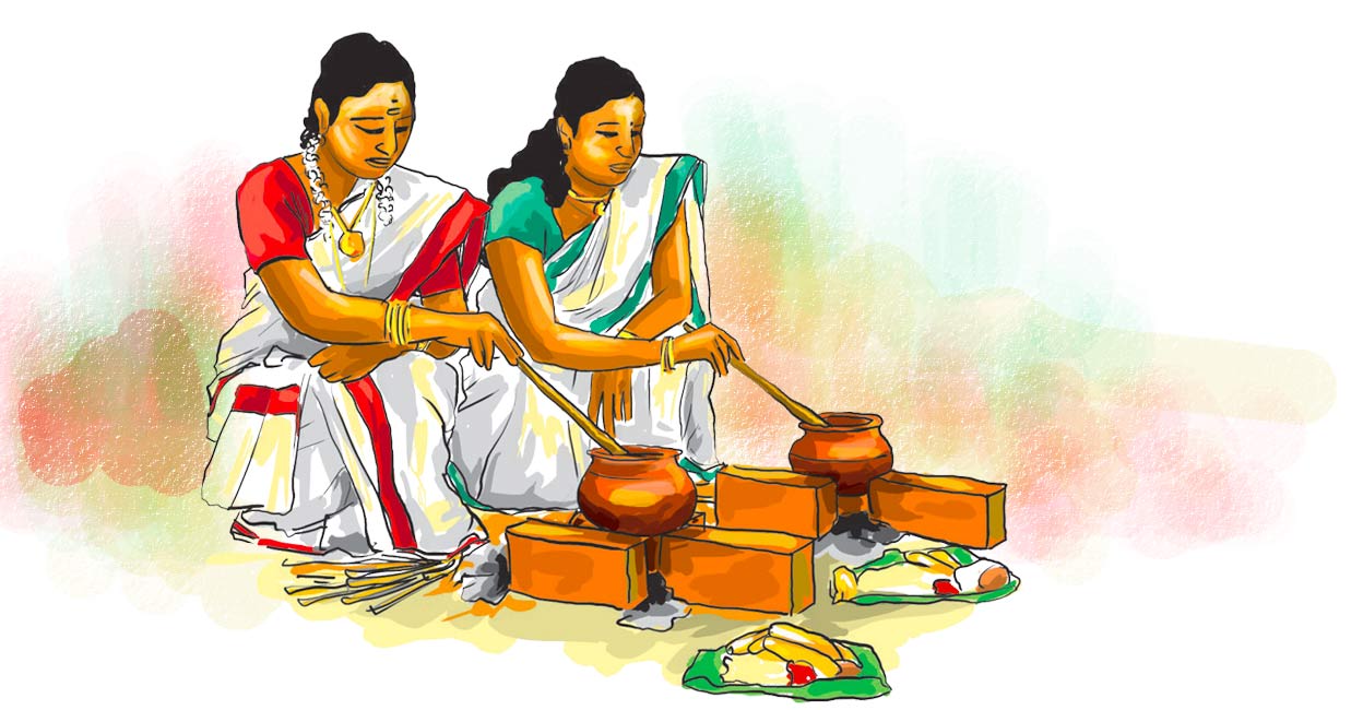 The women continue to offer Pongala in memory of the Devi who transformed into a maternal form. Illustrations: Gopikrishnan G