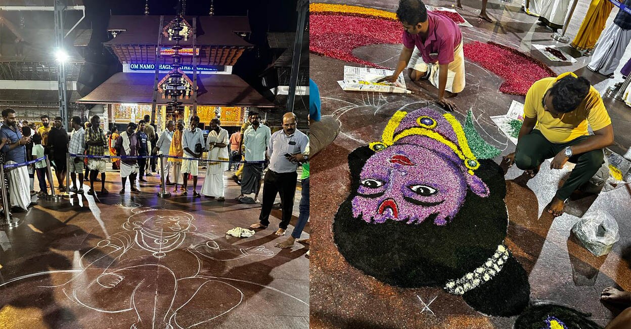 gurvayur-pookkalam-add-1 Artists preparing pookkalam on Day 6 of Onam. Photo: Special Arrangement