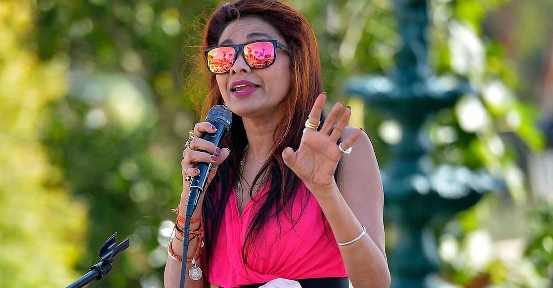 Sanjana Jon speaks at the International Innovators Forum at the Fight for Social Justice and Human Rights in Malibu, California. Photo: Charley Gallay/Getty/AFP/File