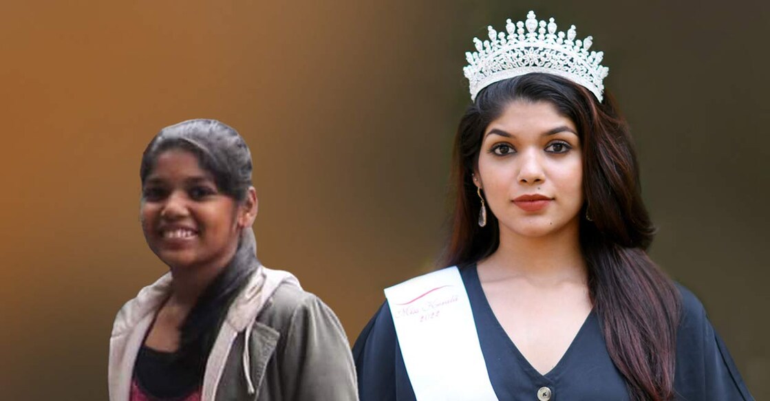 Combo image of  Liz Jaimon Jacob in her early teens (L) and now.