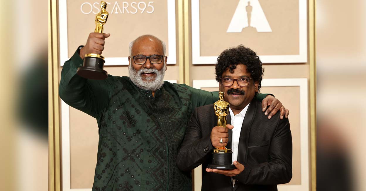 M M Keeravaani and Chandrabose M M Keeravaani and Chandrabose pose with the Oscar for Best Original Song for 'Naatu Naatu' from 'RRR' in the Oscars photo room at the 95th Academy Awards. Photo: Reuters/Mike Blake