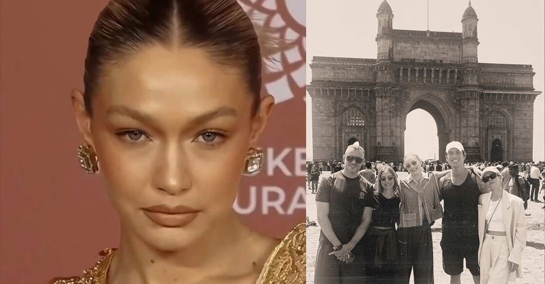 Gigi Hadid with her team before the Gateway of India. Photo: Instagram