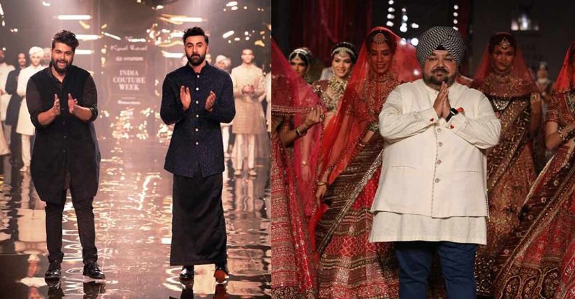 Combo image of Actor Ranbir Kapoor walks for designer Kunal Rawal (L) JJ Valaya presents ensembles at at FDCI Hyundai India Couture Week. Photo: IANS