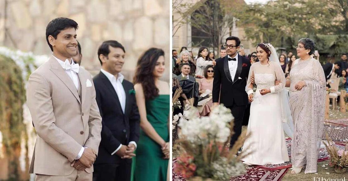 Combo image of Ira Khan and Nupur Shikhare and (R) Ira Khan with father Aamir Khan and mother Reena. Image Credits: Instagram/etherealstudio.in