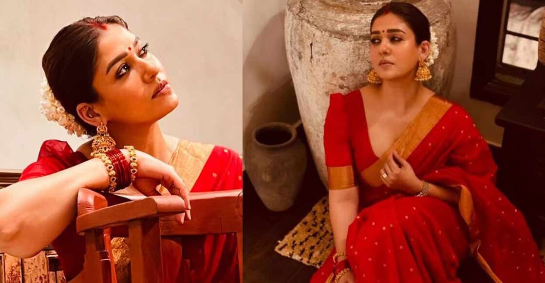 Nayanthara wore a red silk sari with golden work on it and a matching red blouse with golden embroidery. Photo: instagram.com/nayanthara