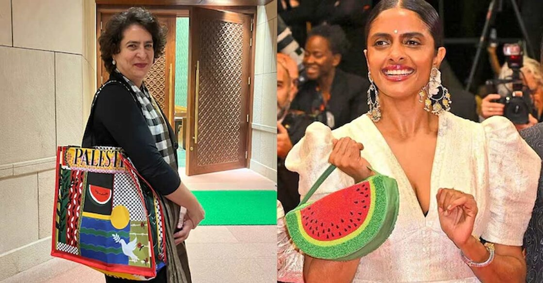 Combo-image of Priyanka Gandhi and Kani Kusruthi, both carrying Palestine-themed bags File photo/Manorama. 