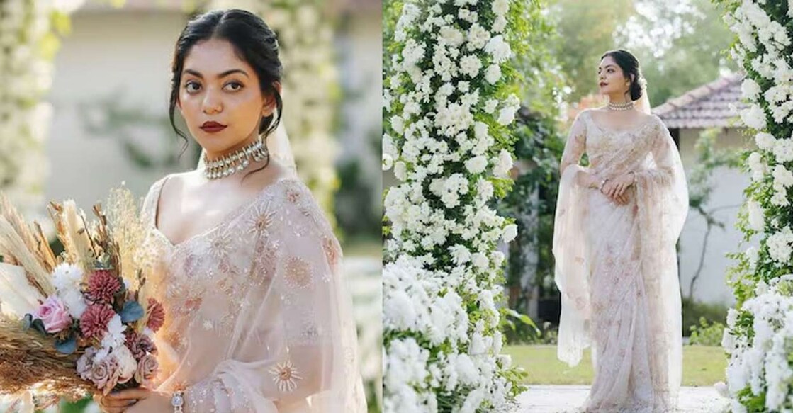 Ahaana Krishna's net sari features intricate copper embroidery throughout its body. Photo: ahaana_krishna/ Instagram