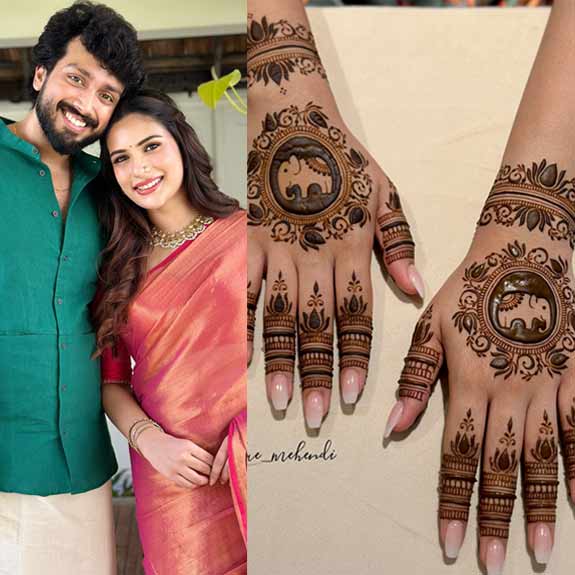 kalidas-tarini-mehndi-c Kalidas Jayaram and former Miss Diva Universe contestant Tarini Kalingarayar will tie the knot on Sunday. Photo: instagram.com/kalidas_jayaram (L) instagram.com/brownhue_mehendi