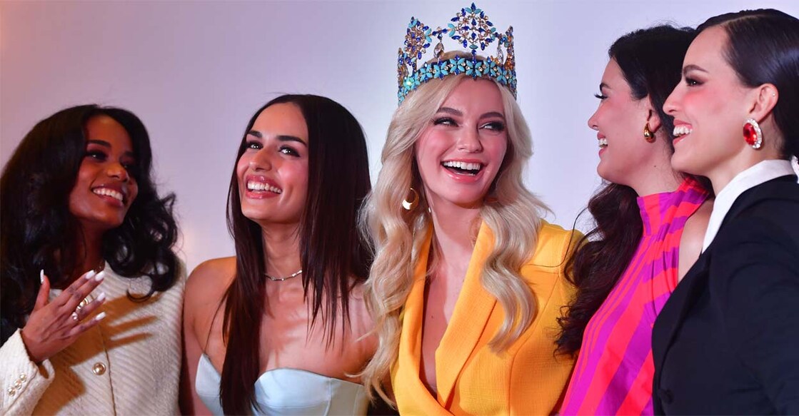 (From L to R) Toni Ann Singh (Jamaica), Manushi Chhillar (India) Karolina Bielawska (Poland), Stephanie Del Valle (Puerto Rico) and Vanessa Ponce De Leon (Mexico). Photo: Josekutty Panackal/Manorama