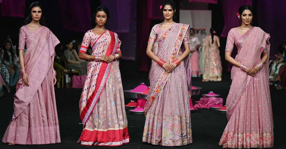Models present creations by designer Gaurang during the second day of the Lakmé Fashion Week x FDCI in Mumbai on on Thursday. Photo: Punit PARANJPE / AFP