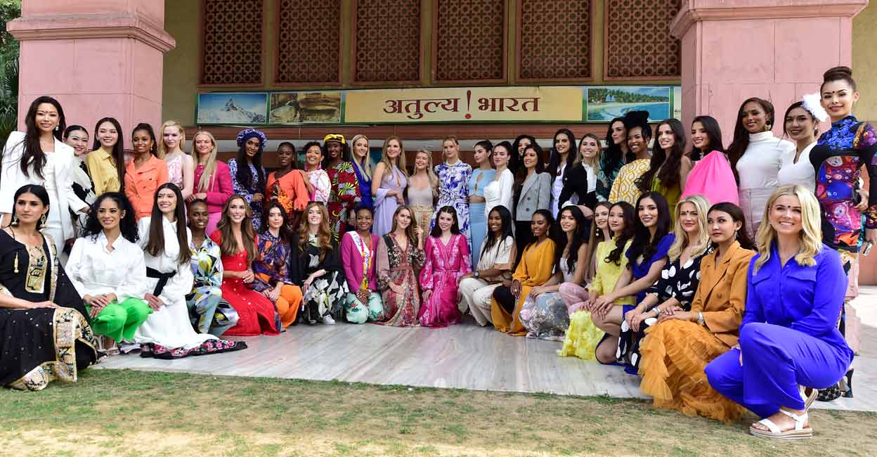 Contestants of the 71st Miss World beauty pageant pose for a photo at Ashok Hotel, New Delhi. Photo: Josekutty Panackal/Manorama/File.