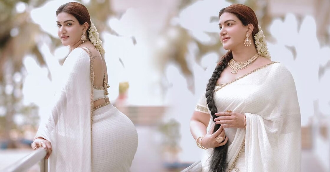 The long-braided hairdo of Honey Rose is adorned with jasmine flowers for that perfect traditional look. Photo: Instagram/honeyroseinsta