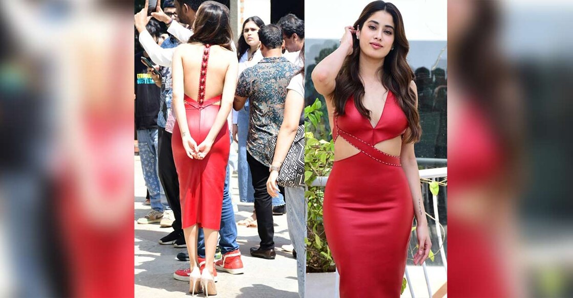 Janhvi Kapoor elevated her fashion game by donning a red dress inspired by a cricket leather ball. Photo: IANS